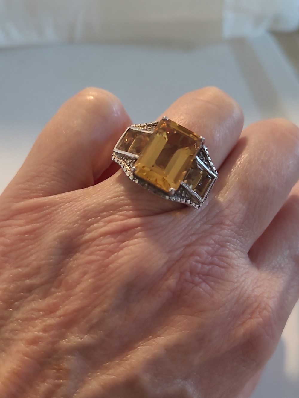 Emerald-Cut Large Center Citrine & 4 Side Citrines In Sterling Silver Sz 6